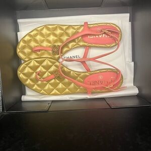 Chanel Gold and Pink Quilted Sandals with Adjustable Straps Used couple times